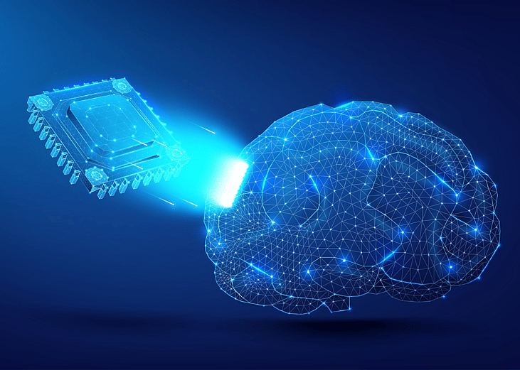 A digital illustration of a brain connected to a computer chip.