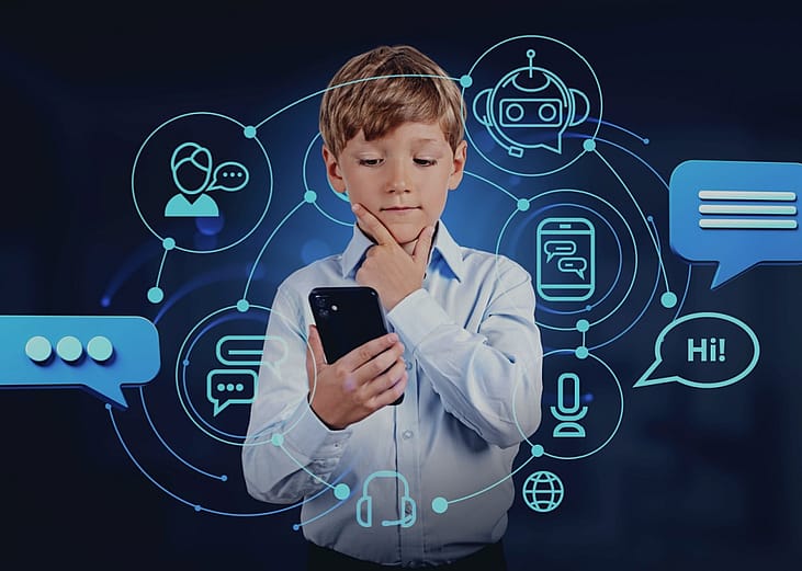 A young boy is holding a phone looking puzzled. The dark background shows icons of different apps. 