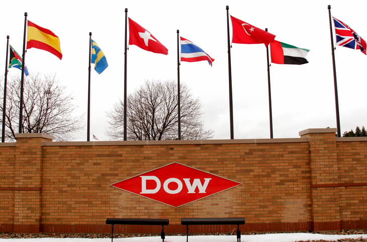 A brick entrance to Dow with various flags.