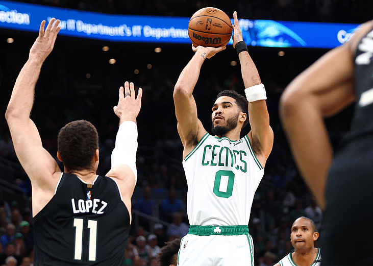 Jayson Tatum of the Boston Celtics shoots the ball in Game Seven of the 2022 NBA Playoffs Eastern Conference Semifinals.