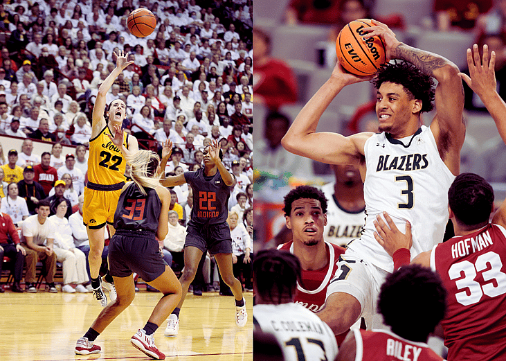 A split screen showing Caitlin Clark playing for Iowa and Yaxel Lendeborg playing for the UAB BLazers.
