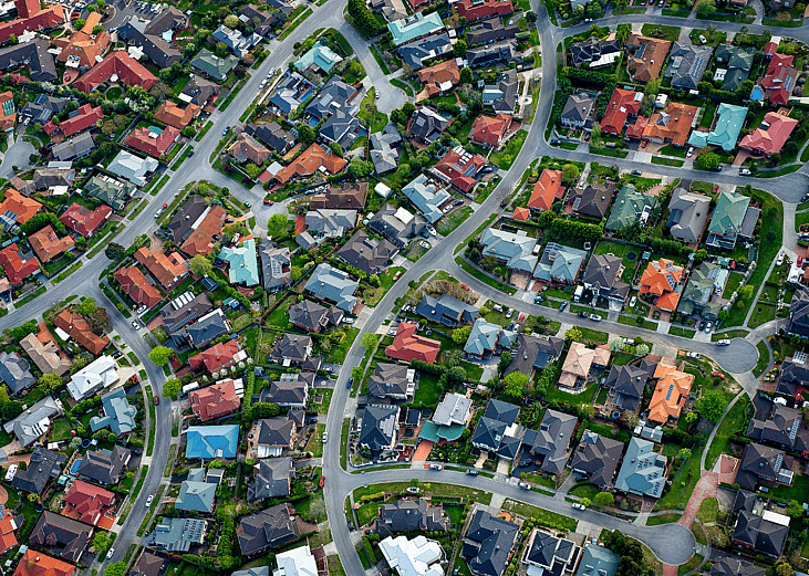 An aerial view of a suburban neighborhood.