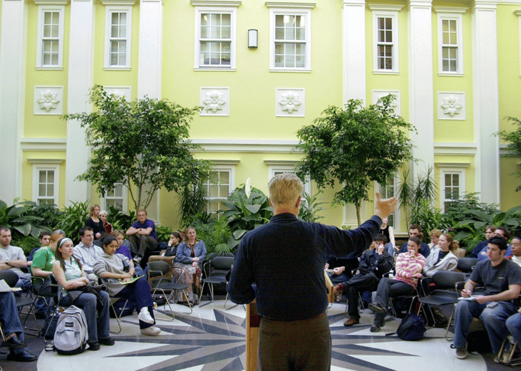 A professor of history at the College of New Jersey, speaking to students during a teach-in on the college campus.