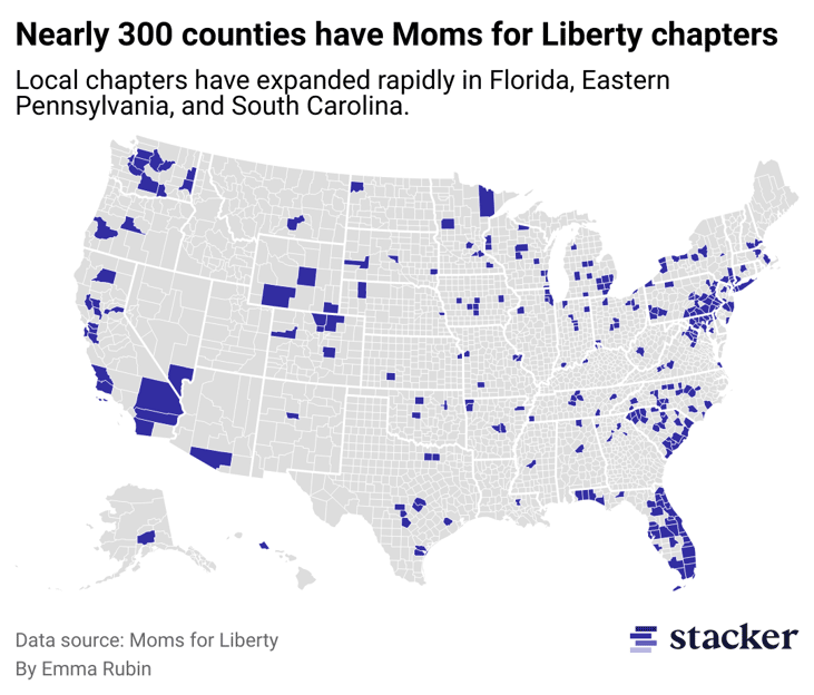 Map showing where Moms for Liberty chapters are located, across nearly 300 counties.