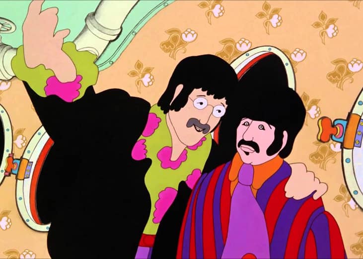 A cartoon of two of the Beatles inside a submarine.