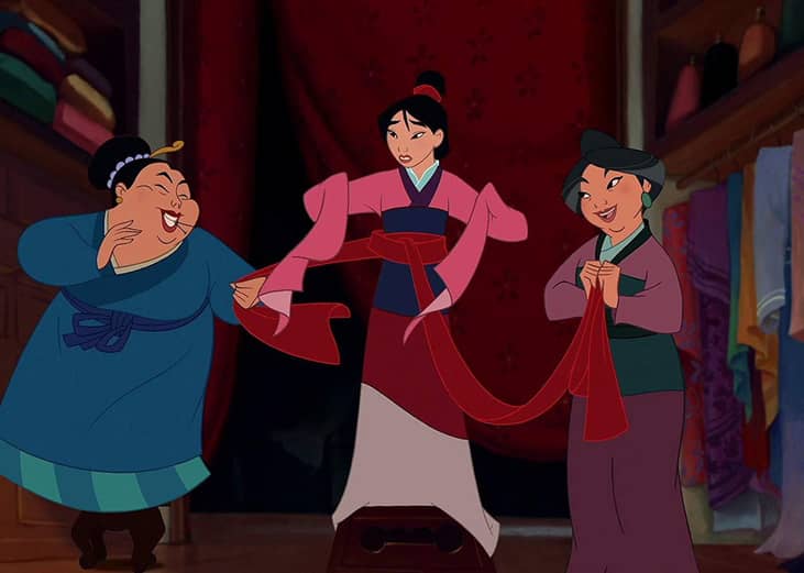 A cartoon of two older women tailoring a dress on a younger woman.