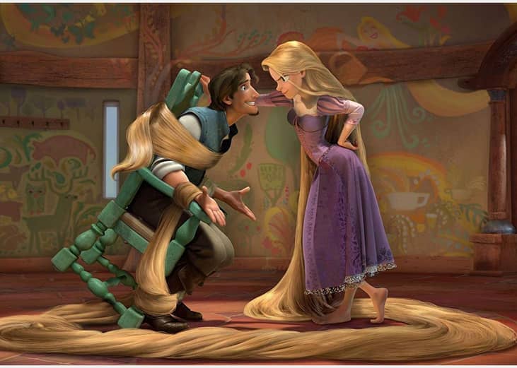 An animation of a woman scolding a man who is tied up in a chair by her hair.