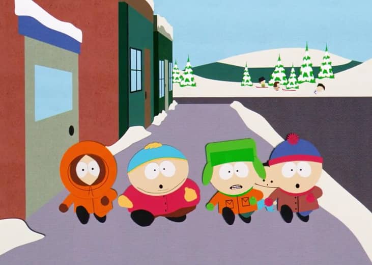 A cartoon of the cast of South Park in a line.