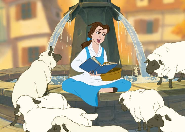 A cartoon of a young woman in a blue dress sitting in a water fountain singing to some sheep.
