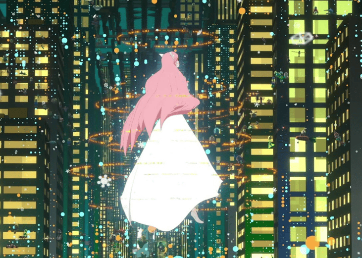 A woman in a white dress with pink hair levitating surrounded by lights.