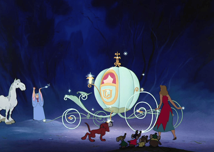 A cartoon of a young woman in tatters next to a carriage and mice, with a fairy and a white horse in front.