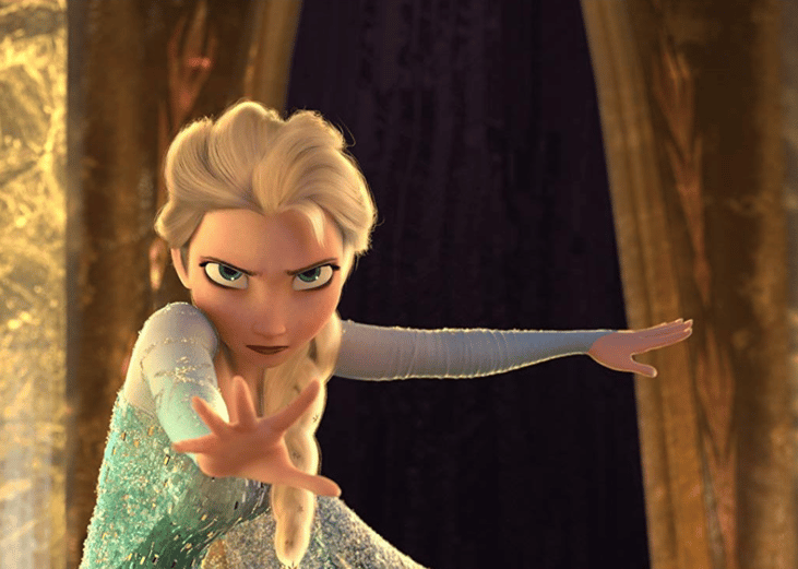 An animation of a girl in a green sparkly dress with her hand out towards something.