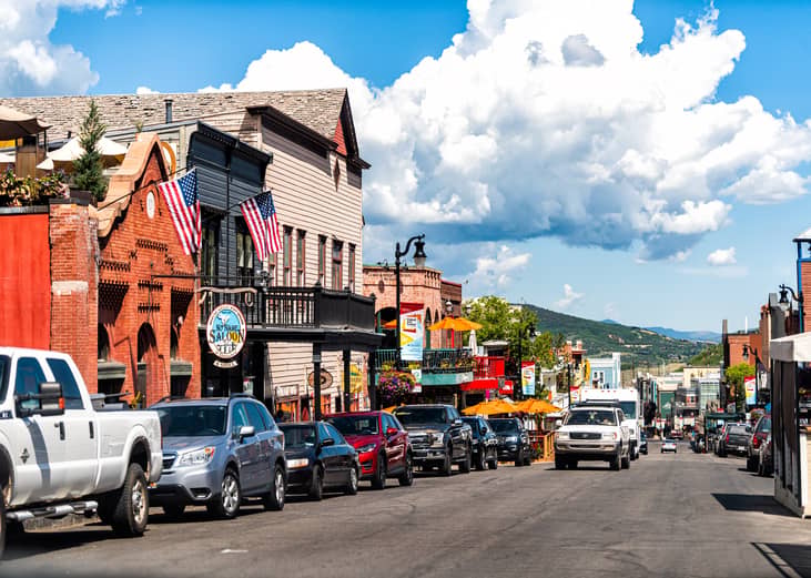 Cars lining the streets of Park City, Utah.