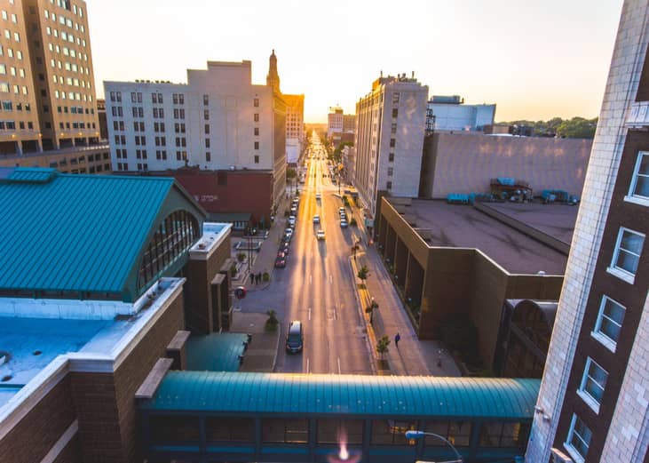 Aerial view of busy road in Davenport, Iowa.