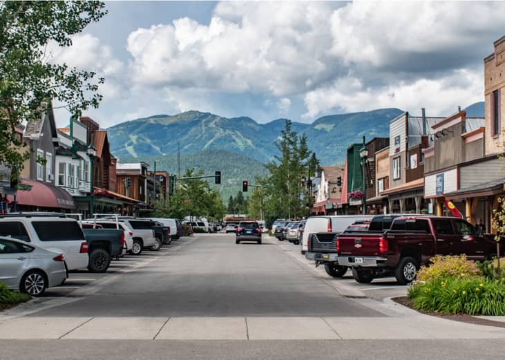 Cars lining main street in Whitefish, Montana.