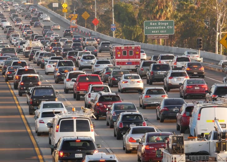 Bumper to bumper traffic in San Diego, California.