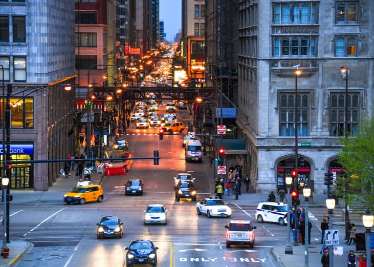 Busy downtown Chicago at dusk.