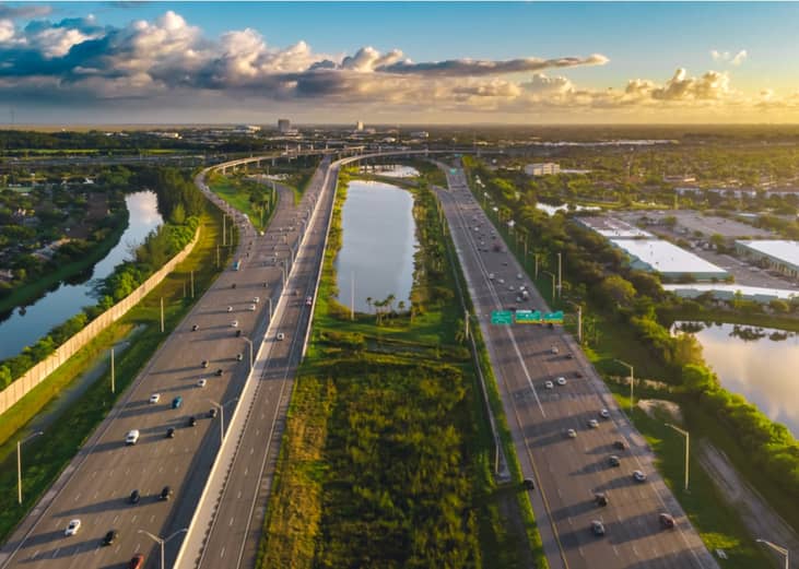 Sunrise over busy I75 Highway in Florida.