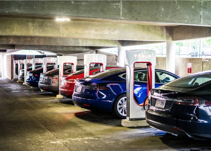 Electric car charging station in a garage in Delaware.