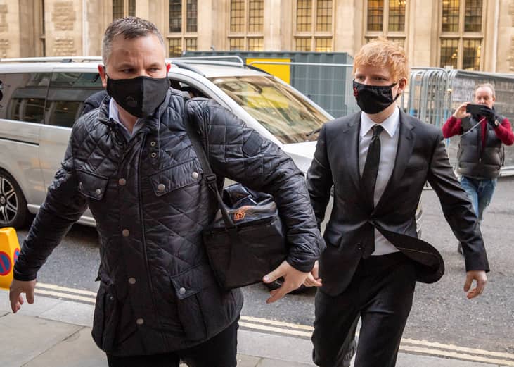 Ed Sheeran arrives at the Rolls Building at the High Court in London.