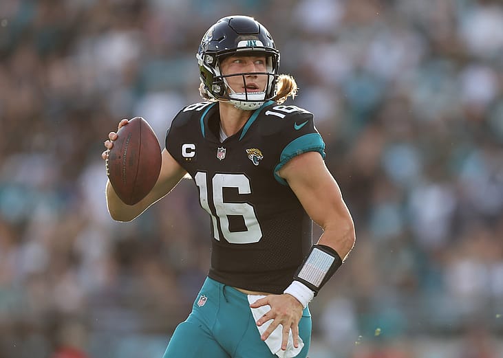 Trevor Lawrence of the Jacksonville Jaguars looks to pass during a game.