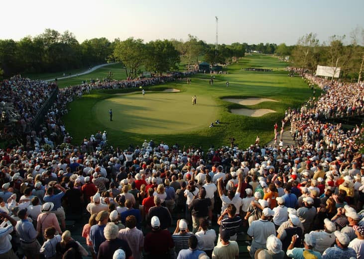 A general view of the final putt on the 18th green at the Olympia Fields Country Club