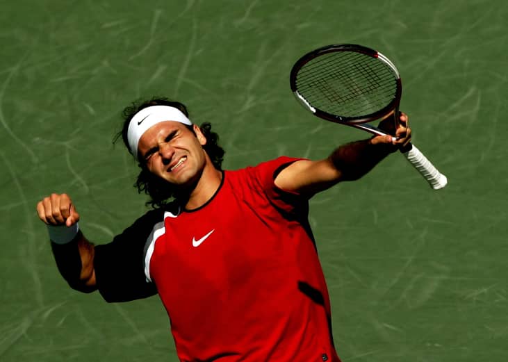 Roger Federer of Switzerland celebrates a match point.