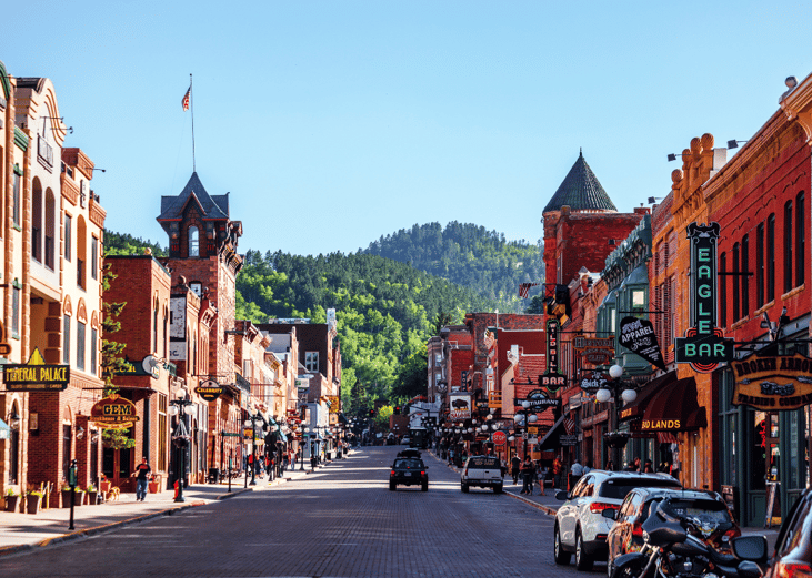 Busy street of bars and restaurants in Deadwood, South Dakota.