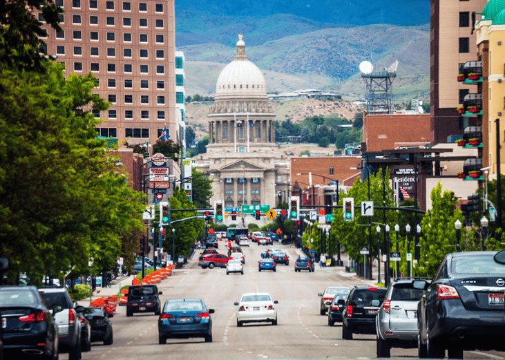 Busy street leading up to the Boise, Idaho Capitol.