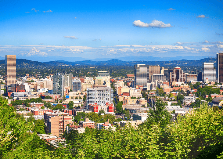 Portland, Oregon from above with mountains in the background.