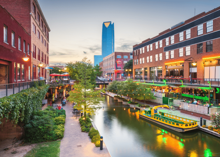 Busy restaurants and bars on a waterway in Oklahoma City, Oklahoma.
