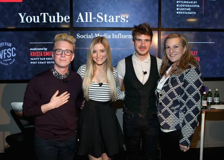 YouTube personalities Tyler Oakley, iJustine and Joey Graceffa and Vanity Fair Executive West Coast Editor Krista Smith attend Vanity Fair Campaign Hollywood Social Club - "YouTube All Stars:" Social Media Influencers Panel Discussion in Los Angeles.