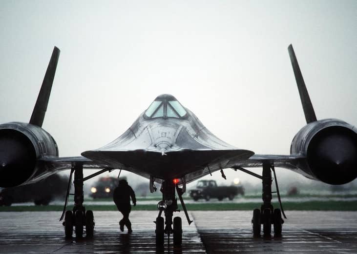 Pictured: A front view of an SR-71 Blackbird aircraft being prepared for takeoff. The SR-71 is flown by Det. 4, 9th Strategic Reconnaissance Wing, 3rd Air Force, RAF Mildenhall
