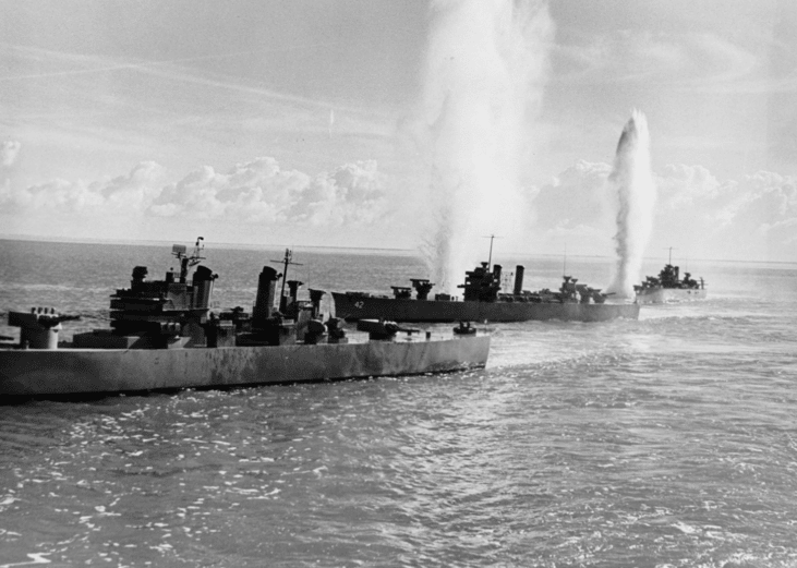 Aerial shot of warships from a scene in "In Harm's Way"