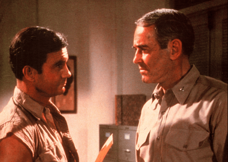 Henry Fonda and Cliff Robertson in a scene from "Too Late the Hero"