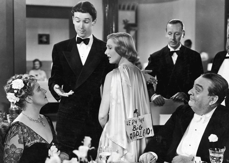 James Stewart, Jean Arthur, Irving Bacon, Mary Forbes, and Robert Greig in "You Can't Take It with You".