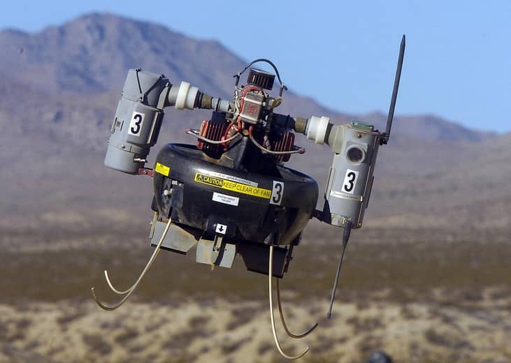 Pictured: The Honeywell RQ-16 T-Hawk Micro Air Vehicle (MAV) flies over a simulated combat area during an operational test flight