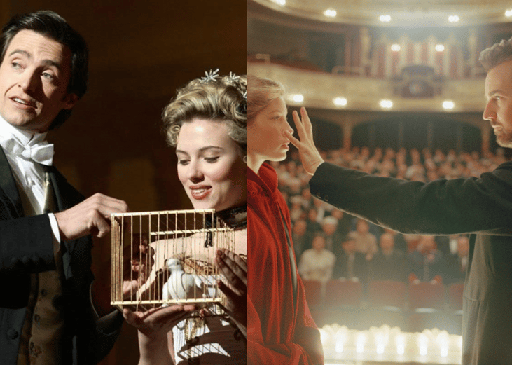 Split screen of scenes from 'The Prestige' and 'The Illusionist' 