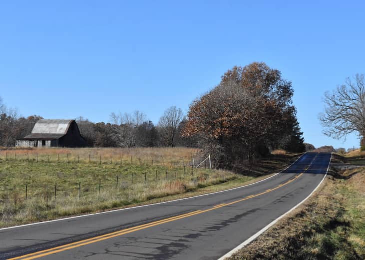 Country road leading into horizon between trees with cabin in distance.