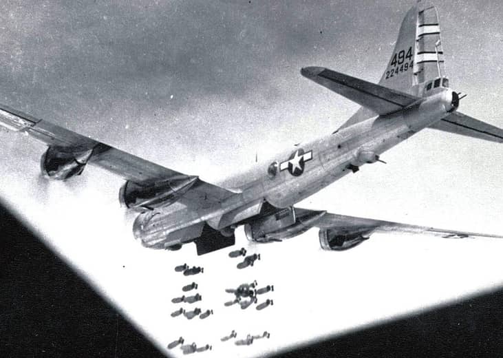 Pictured: 468th Bombardment Group Boeing B-29-30-BW Superfortress 42-24494 "Mary Ann" attacking Hatto, Formosa, with high-explosive bombs, 1944