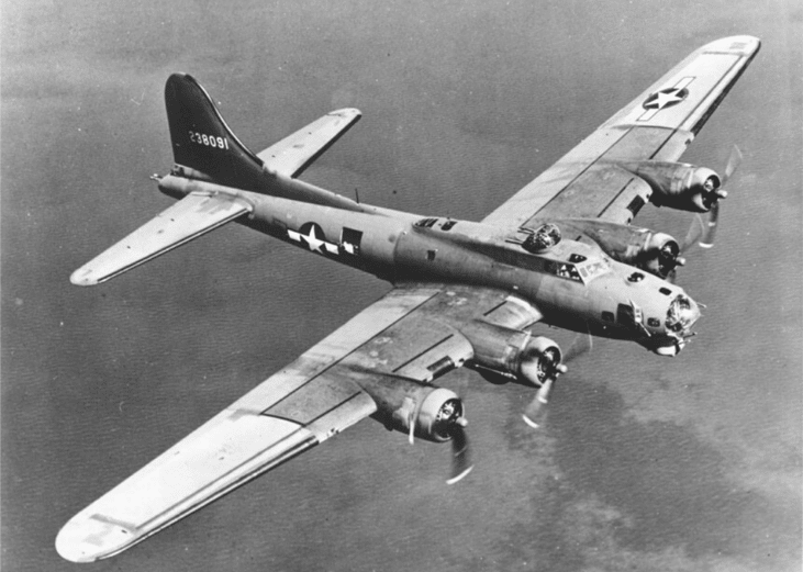 Pictured: Boeing B-17 Flying Fortress levels off for a run over target.