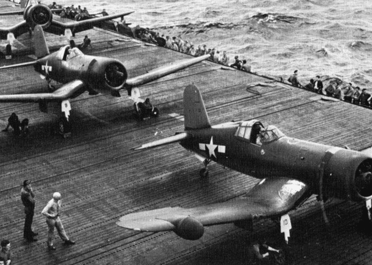 Pictured: U.S. Navy Vought F4U-2 Corsair night fighters from Night Fighting Squadron VFN-101 aboard the aircraft carrier USS Intrepid (CV-11) during the Marshall Islands campaign in early 1944.
