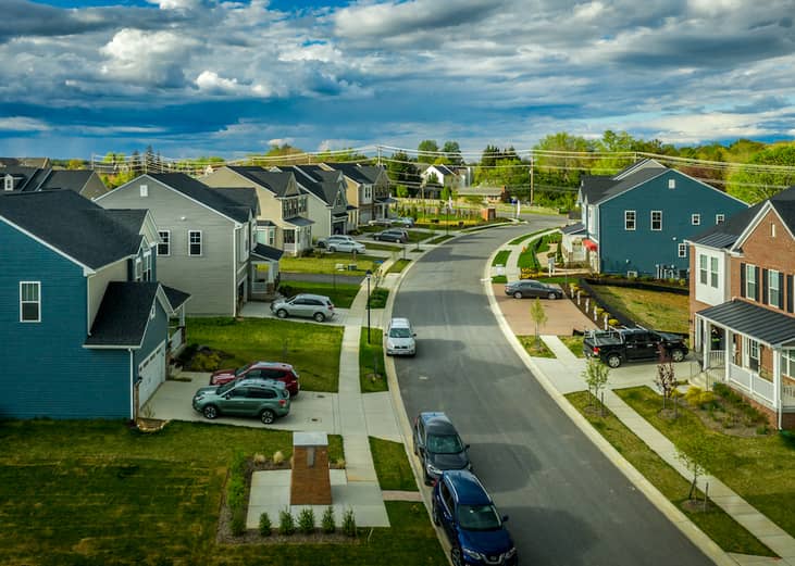 Aerial view of typical new construction neighborhood street in Maryland.