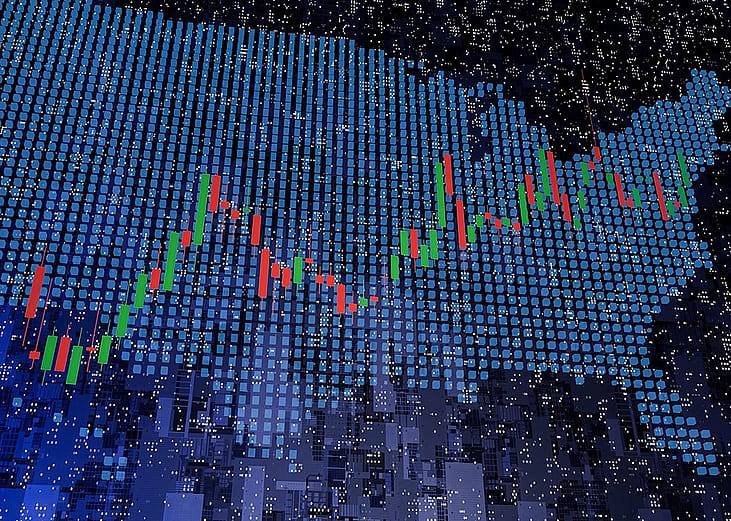 Map of U.S rendered in blue with financial candlestick chart overlaid on top illustrating concept of state economies.
