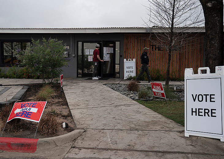 A voting site is seen within the SpaceX projects area in Brownsville, Texas, on May 3, 2025.