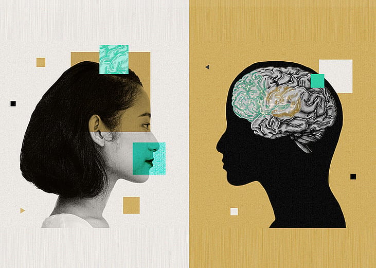 Custom illustration showing a collage of a young woman's side profile and opposite a figure showing the brain.