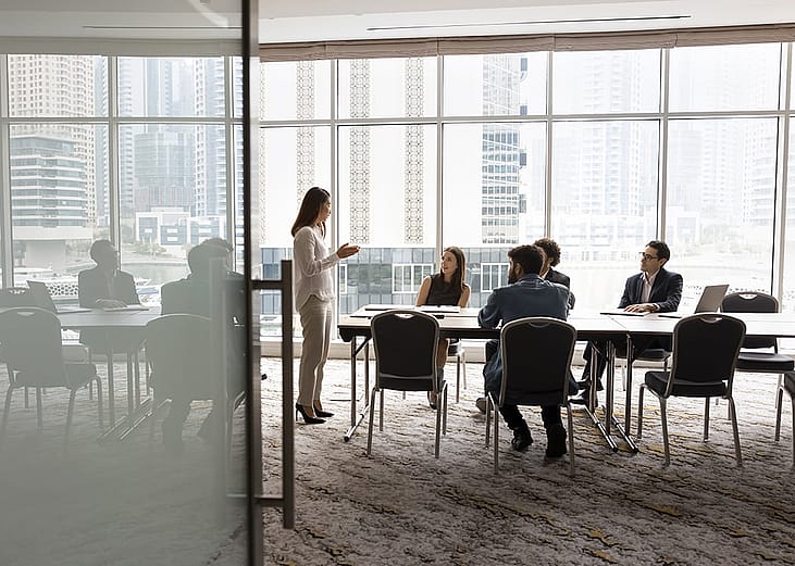 A business team engaged in a discussion in a meeting room.