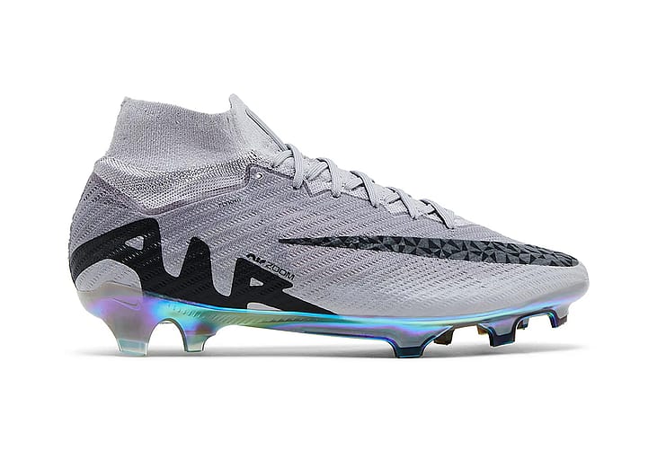 A gray Nike Mercurial Superfly 9 Elite AS FG High 'Rising Gem Pack'.