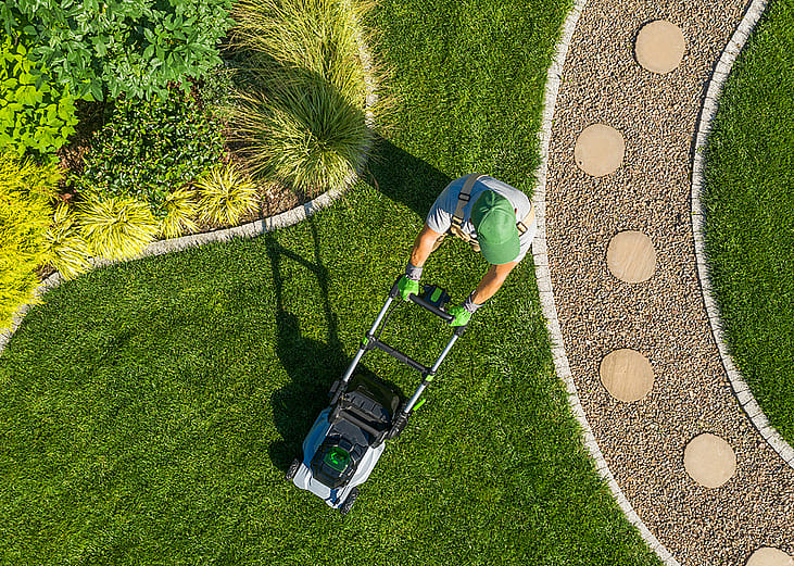 High-angle view of a gardener mowing a backyard using a cordless electric mower.