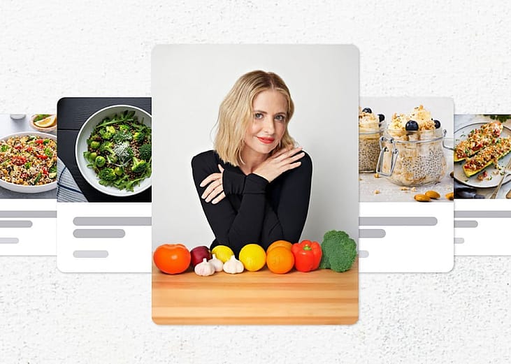 Collage graphic centering Sarah Michelle Gellar photographed with fresh produce on a kitchen board.